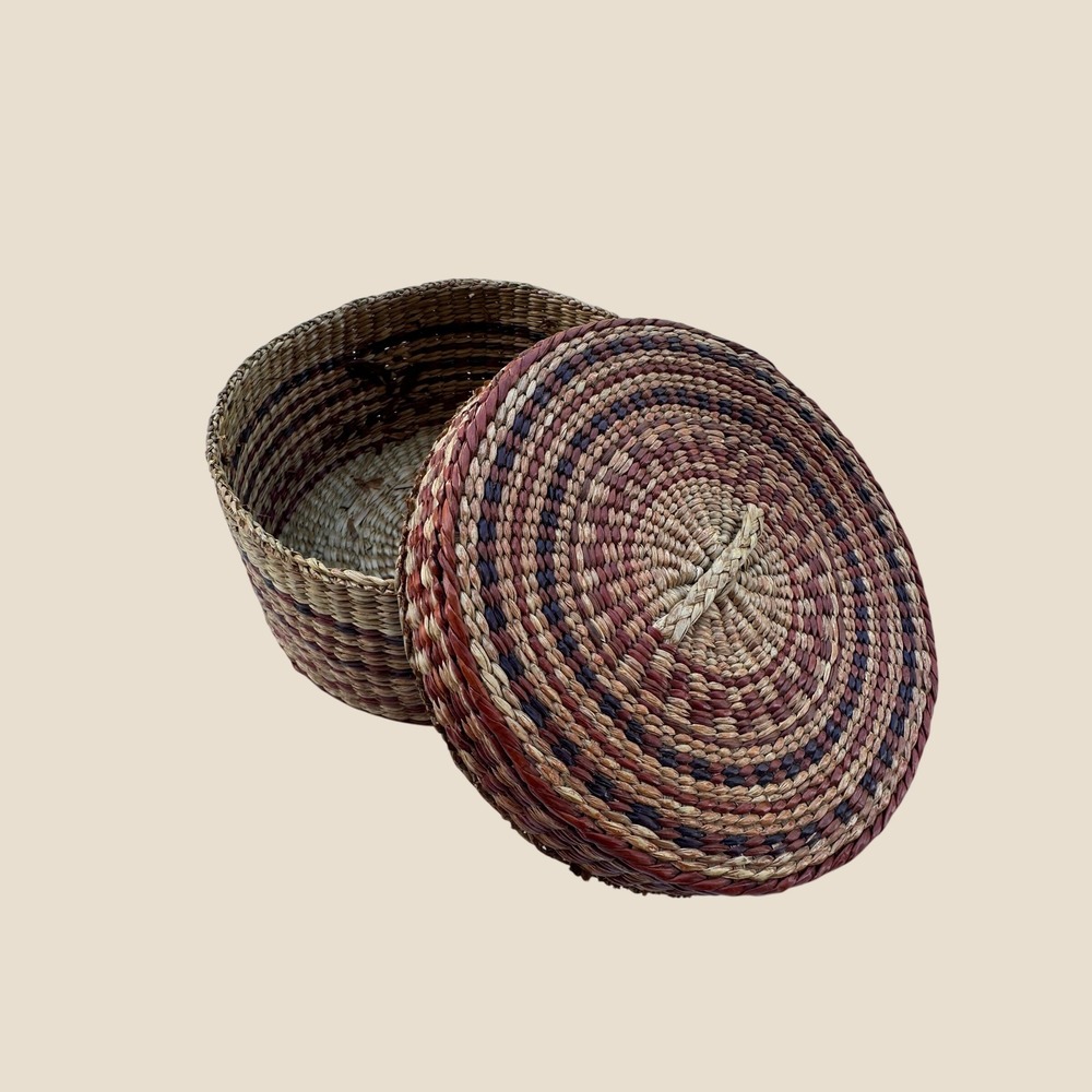 Vintage Coiled Sweetgrass Basket with Lid Round Striped Woven 5" Folk Art